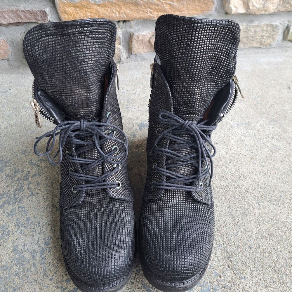 A.S. 98 Black Metallic Venezia Leather Ankle Boot Lace Up & Zip Sz 40 Moto Punk - Picture 4 of 16